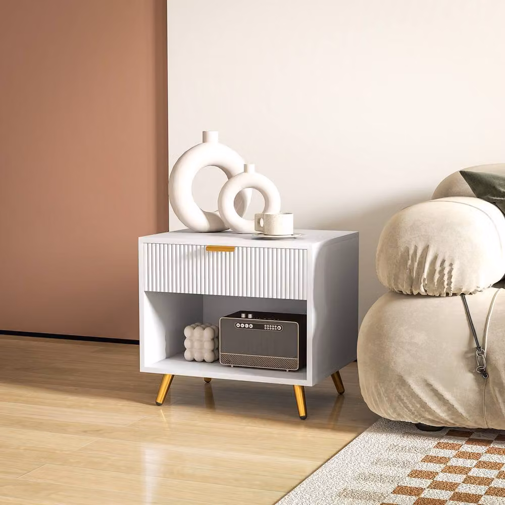 STILVORA Modern White Bedside Table with Drawer and Shelf – 3
