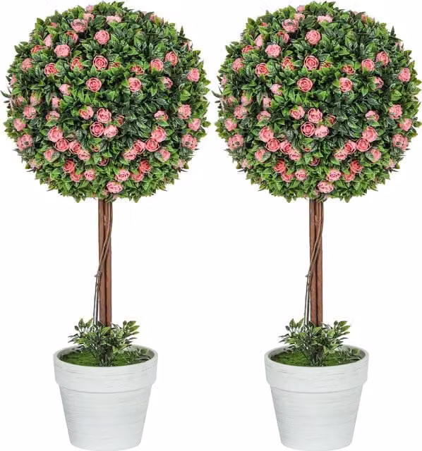 HOMCOM Set of 2 Pink Artificial Rose Ball Topiary Trees for Indoor and Outdoor Decor, Height: 60 cm – 1