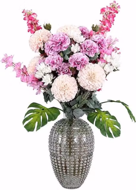 Leaf Pink Dahlia Artificial Tropical Blossom Flowers with Glass Bubble Vase, Height: 75 cm
