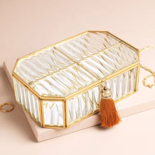 Lisa Angel Large Ribbed Glass Jewellery Box in Gold and Clear
