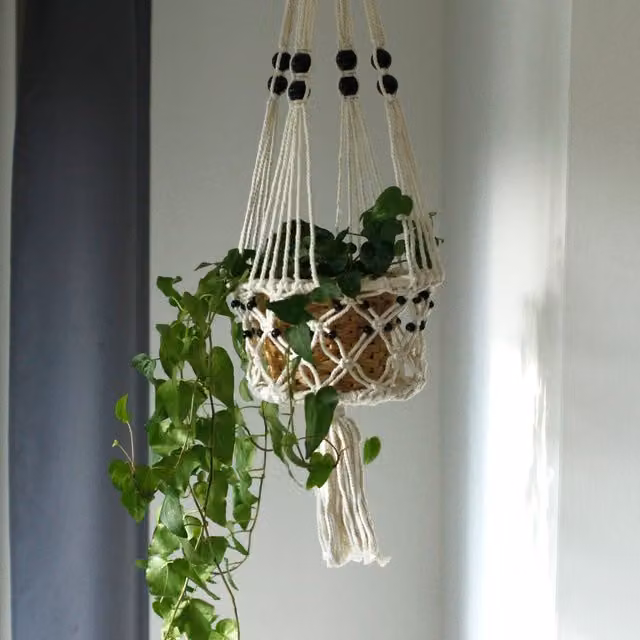 KDMK Large Single Beaded White Macrame Hanging Pot Holder