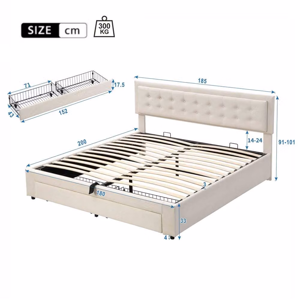 STILVORA Super King Upholstered Velvet Bed with Lift Up Storage Base, Beige, W: 180 cm, L: 200 cm – 3