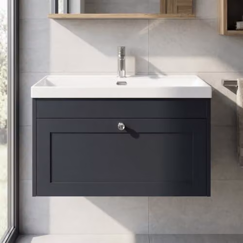Balterley Wall Hung Single Drawer Vanity Unit with Thin Edge Basin and Handle, Dark Grey, W/D/H: 80.0 x 45.3 x 43.1 cm – 2