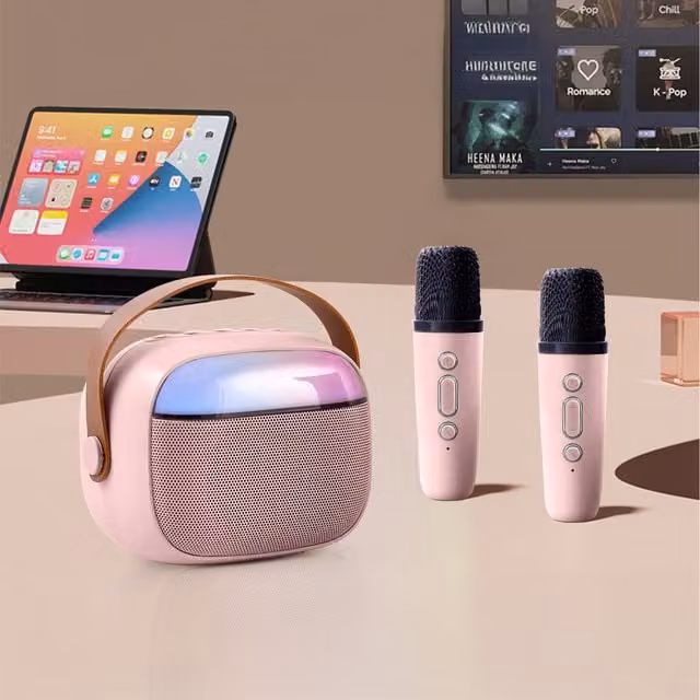 Komore Pink Karaoke Machine with Ambient Lights and Condenser Microphone