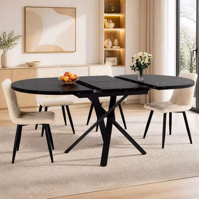 STILVORA Extendable Round Dining Table with Black Marble-Effect Top, W/D/H: 100 x 100 x 75.5 cm