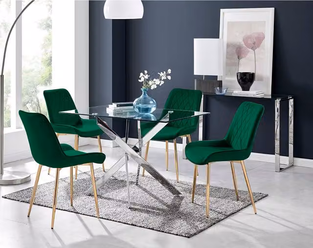 FurnitureboxUK Leonardo Rectangular Glass Dining Table and Four Pesaro Gold Leg Chairs in Green and Transparent
