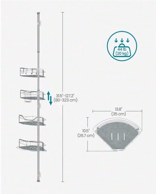SONGMICS Silver Corner Shower Caddy with Adjustable Tension Pole and Hooks