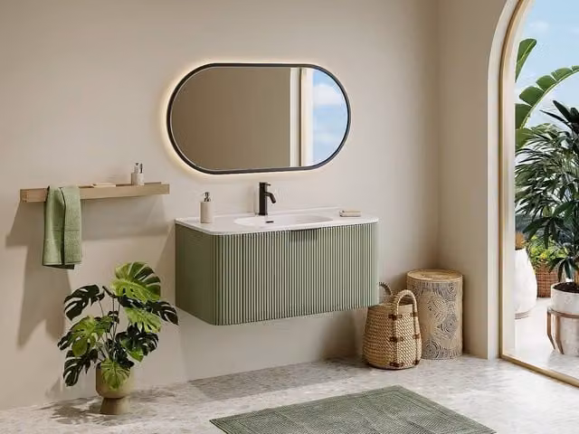 Vente-unique Matt Green Suspended Grooved Bathroom Vanity Unit with Inset Basin and Soft-Close Doors