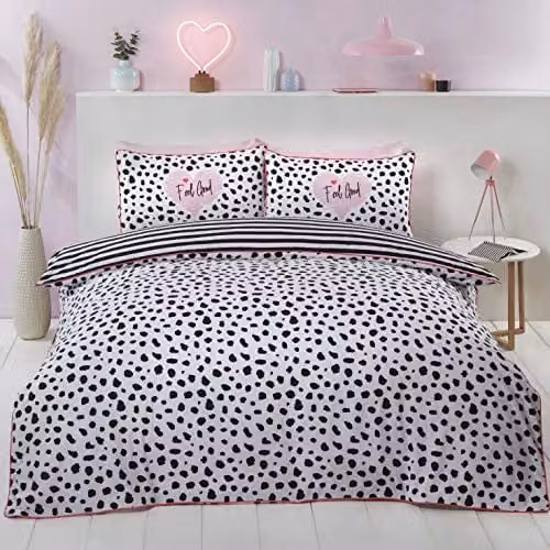 Rapport Home Dalmatian Black and White Piped Edged Double Duvet Cover and Pillowcase Set, W/D/H: 200 x 200 cm and 50 x 75 cm