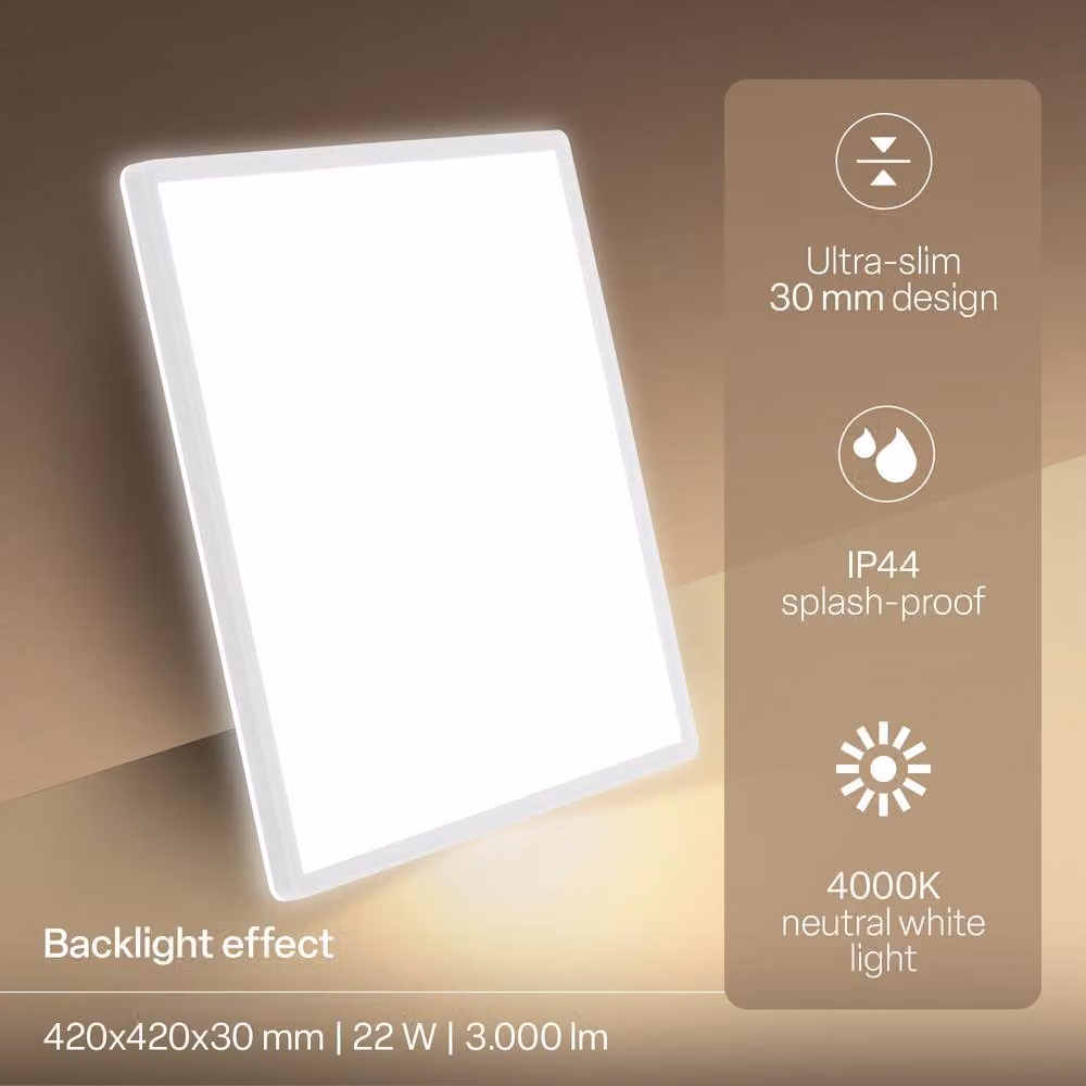 B.K.Licht White Slim LED Ceiling Panel Light, 22W, 3000lm, 4000K Neutral White, IP44 Splash-Proof, W/D/H: 42 x 42 x 3 cm – 3