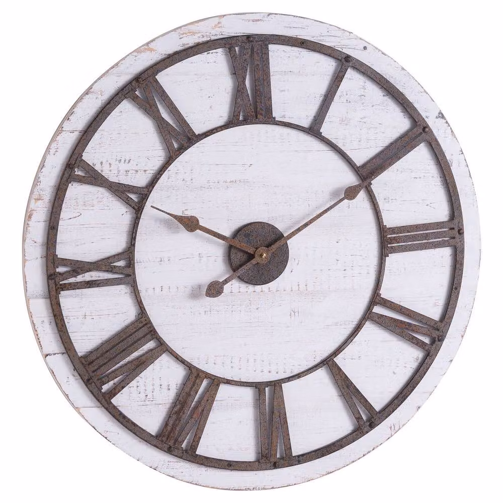 Wyld Haus Rustic Whitewashed Wooden Wall Clock with Bronze Aged Metal Roman Numerals, Diameter: 70 cm, White and Bronze – 2