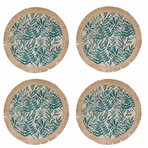Creative Tops Set of 4 Round Jute Hessian Placemats in Green Floral Pattern, Diameter: 42 cm – 1