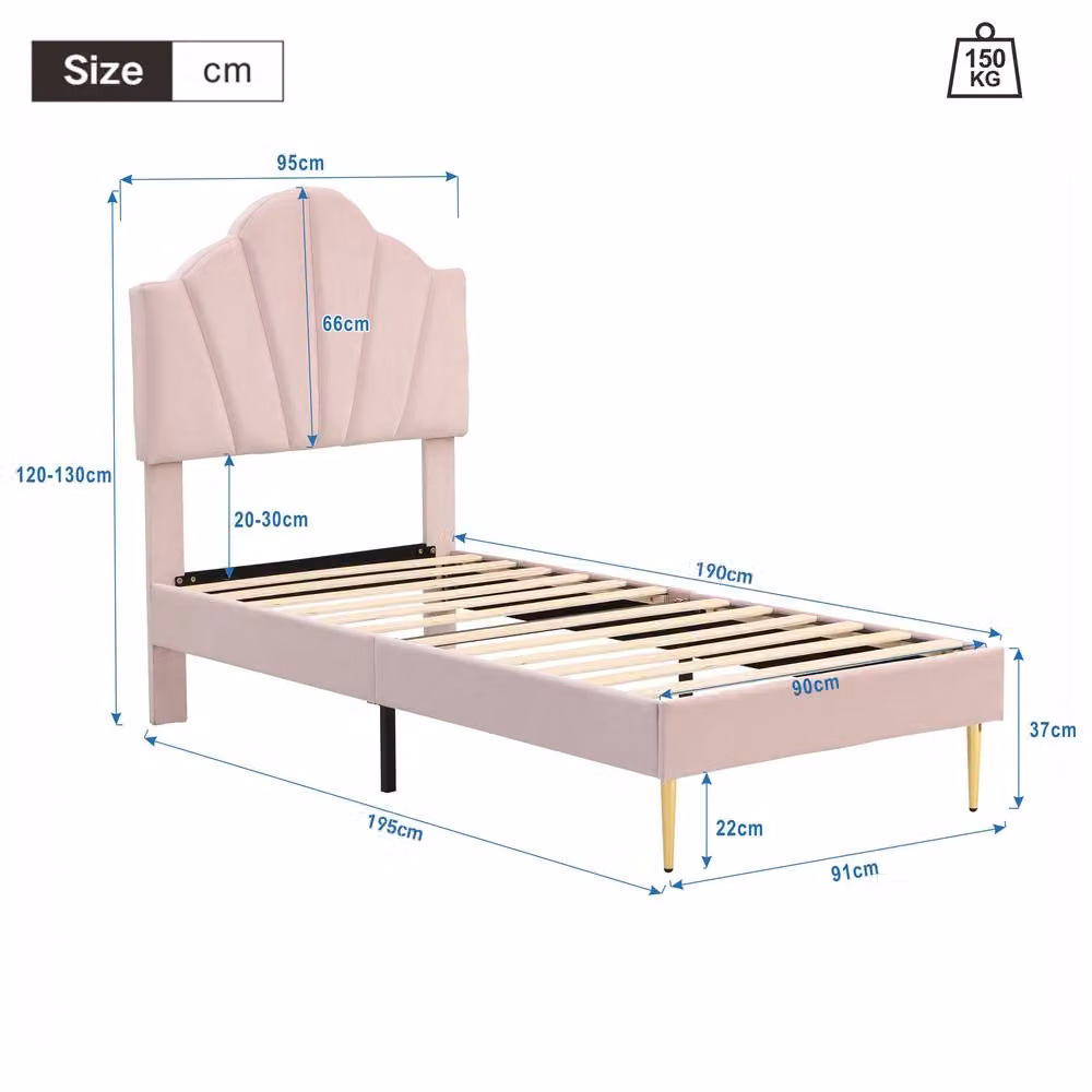 BTM Pink Velvet Single Bed with Shell Design and Storage Bench, W/D/H: 90 x 190 x 40.5 cm – 3