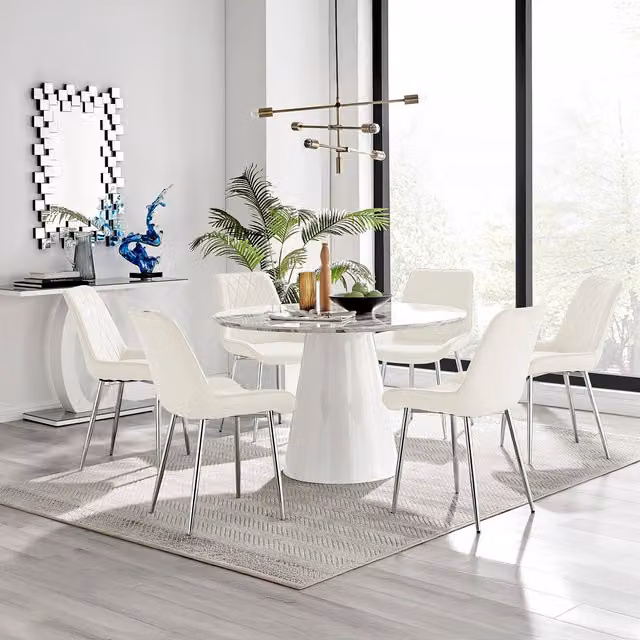 Furniturebox Palma Round Dining Table with White Marble Effect Top and Pesaro Silver Leg Chairs in Cream