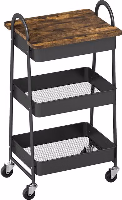HOMCOM 3-Tier Kitchen Storage Trolley with Wheels and Cover Top Board, Rustic Brown and Black