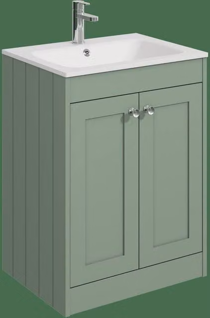 Balterley 600mm Floor Standing 2 Door Bathroom Unit with Stone Basin in Satin Green – 1