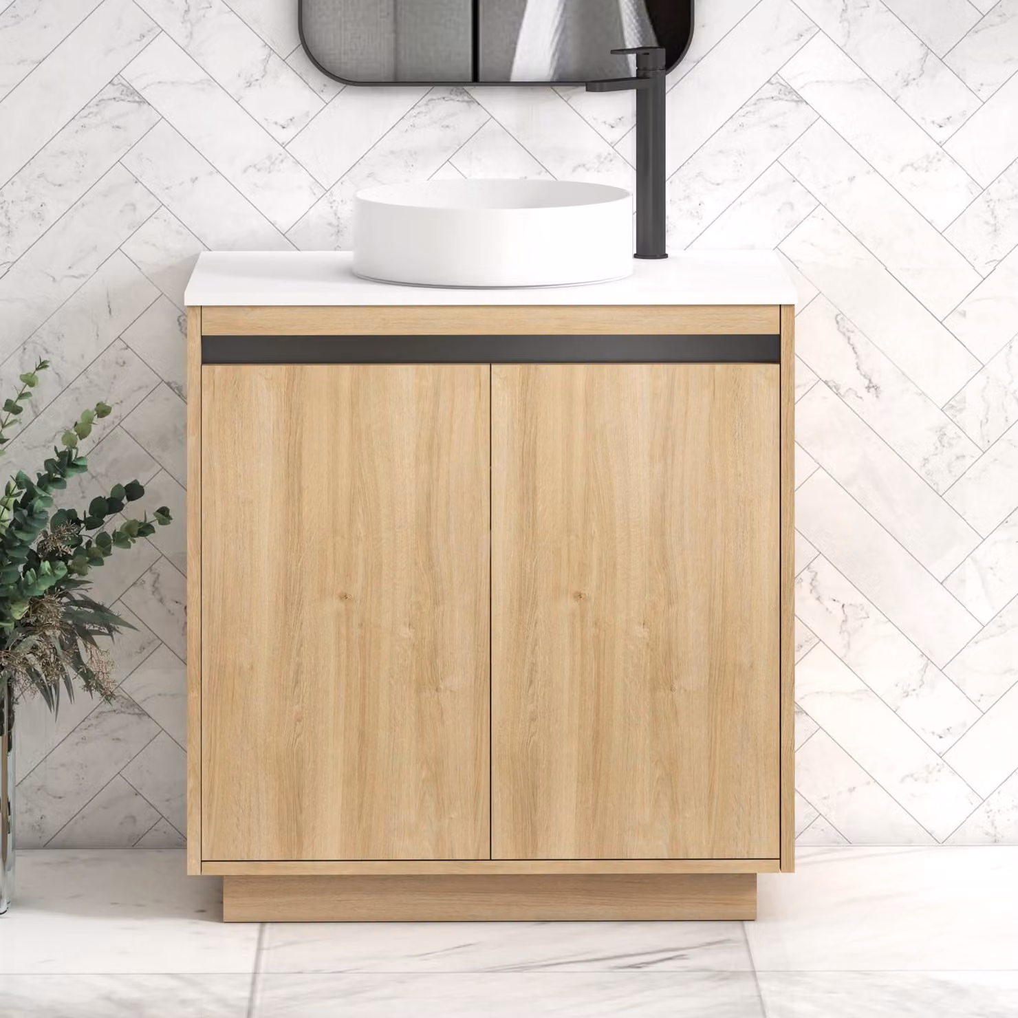 Royal Bathrooms Orion 800mm Natural Oak Floor Standing 2 Door Vanity Unit with White Countertop and Black Accent Trim