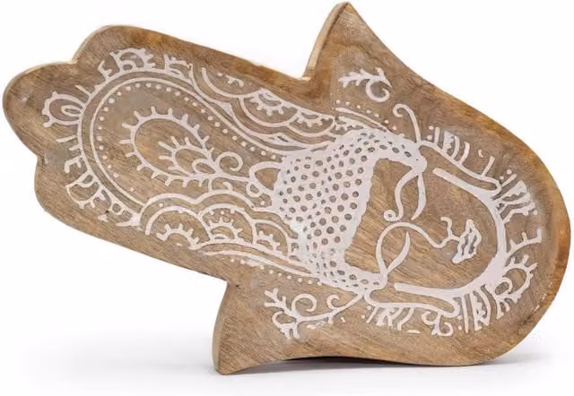 KDMD Hamsa & Buddha Whitewash Rectangular Wooden Tray in Brown and White, W: 30 cm, D: 20.5 cm – 1