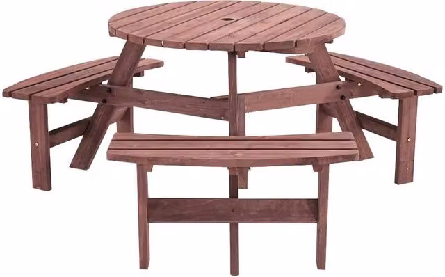 Hinsinc 6 Seater Wooden Round Picnic Table and Bench Set in Brown