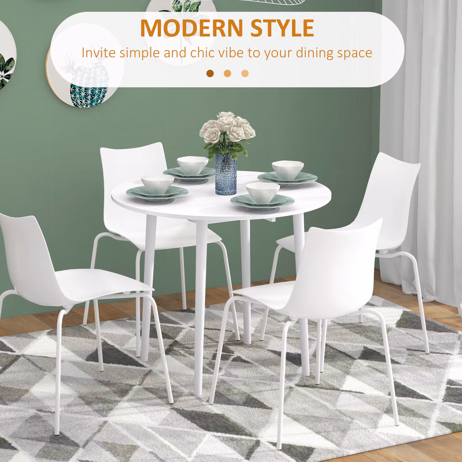 HOMCOM Round White Folding Kitchen Dining Table with Wood Legs and Drop Leaf Top – 4