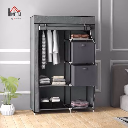 HOMCOM Portable Fabric Wardrobe with Hanging Rail and Integrated Drawers, Grey, W: 102 cm, D: 42.5 cm, H: 162.5 cm – 2