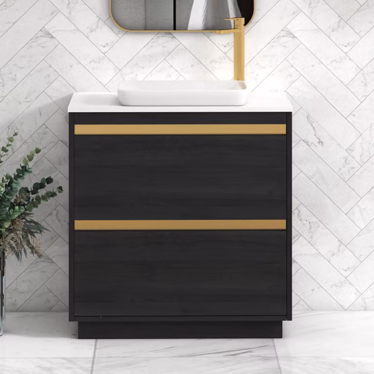 Royal Bathrooms Orion 800mm Hale Black and White Floor Standing Vanity Unit with Qubix Basin and Brushed Brass Accent Trim