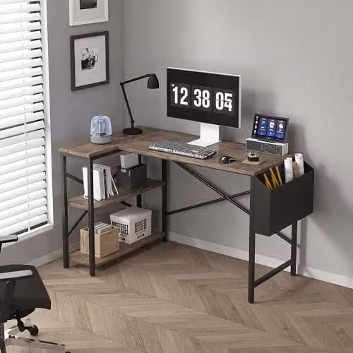 MCC Direct L Shaped Corner Computer Desk with Bookshelf in Grey – 1
