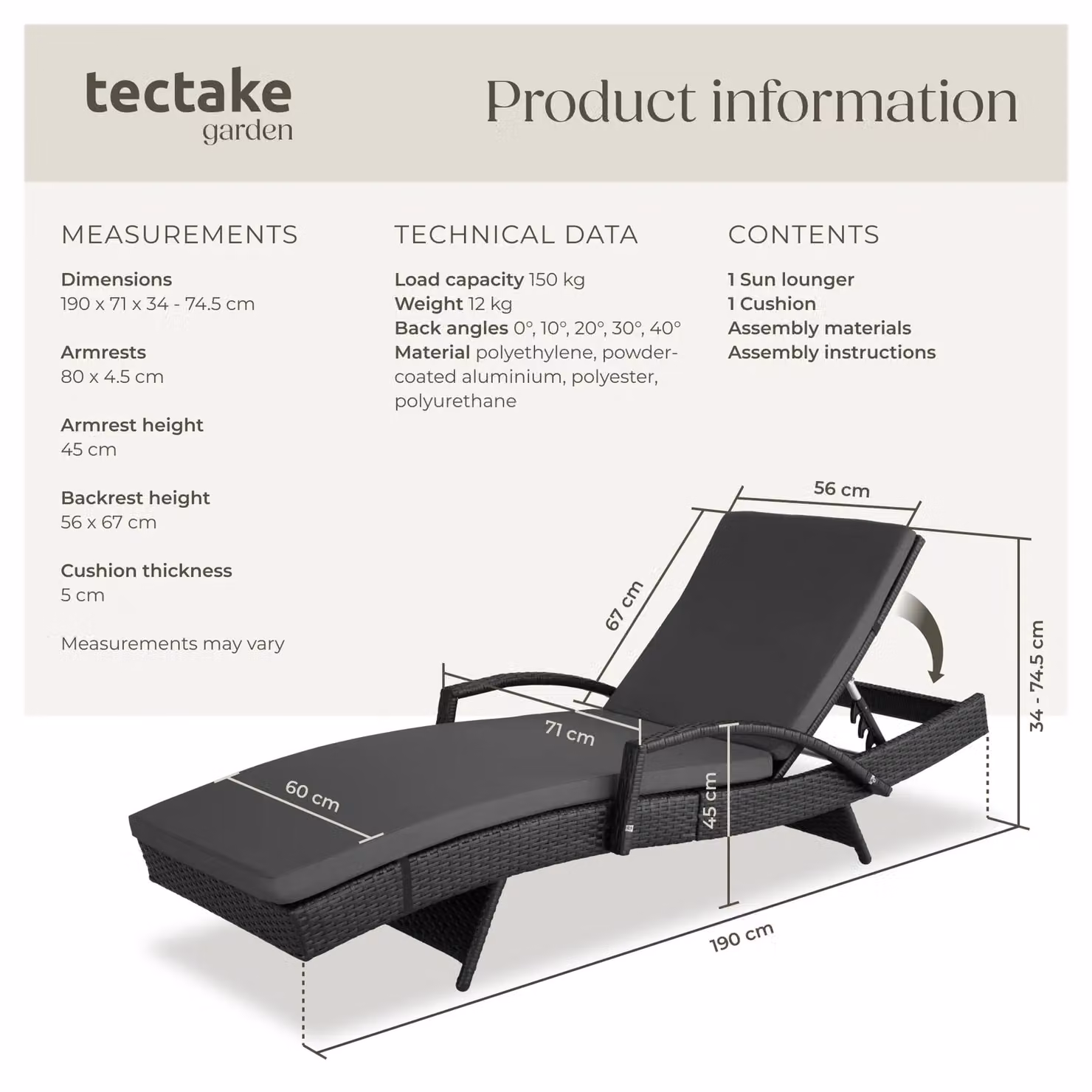 tectake Océane 1 Seater Aluminium Rattan Sun Lounger in Black and Grey with Adjustable Headrest – 6