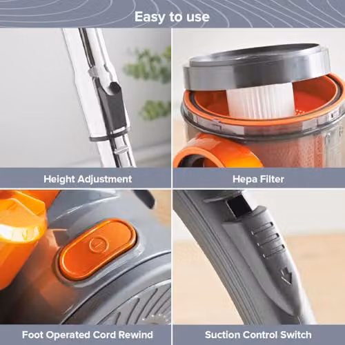 Quest Compact Cyclonic Bagless Vacuum Cleaner in Orange with 1.5L Dust Container and HEPA Filtration – 4
