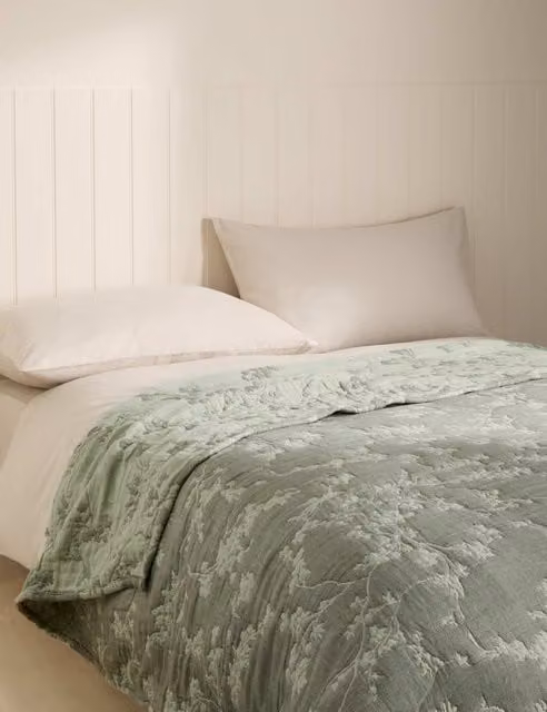 M&S Pure Cotton Floral Jacquard Bedspread in Green