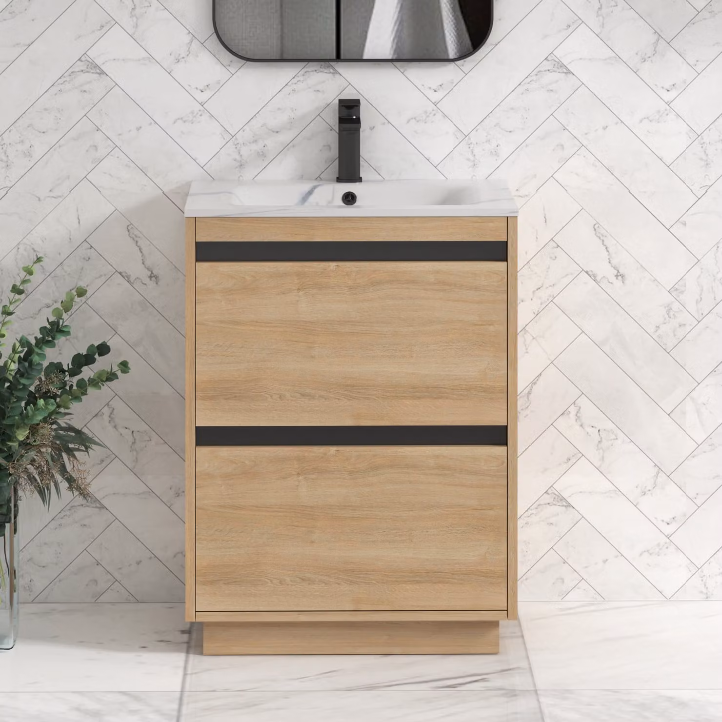Royal Bathrooms Orion 600mm Floor Standing 2 Drawer Vanity Unit in Natural Oak with Carrara White Basin and Black Accent Trim