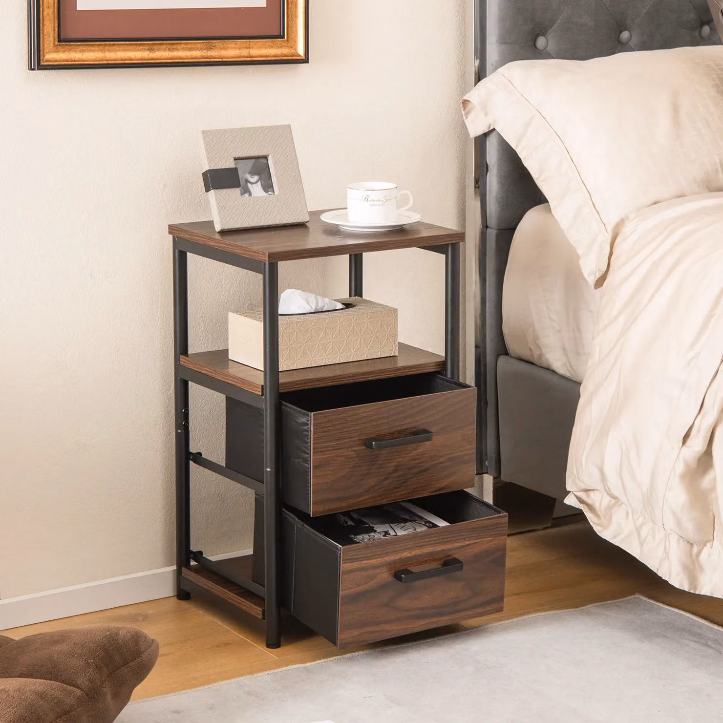 Costway Industrial Nightstand Bedside End Table with 2 Fabric Drawers and Storage Shelf in Brown and Multicolour – 3