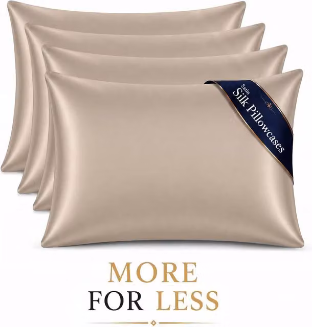 Pamposh Luxury Mako Satin Silk Pillow Cases, 4 Pack, Beige