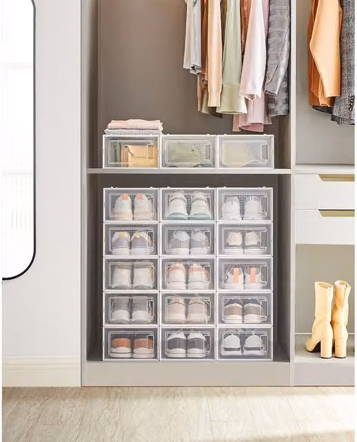 SONGMICS Pack of 18 Medium Stackable and Foldable Storage Organisers in White and Transparent