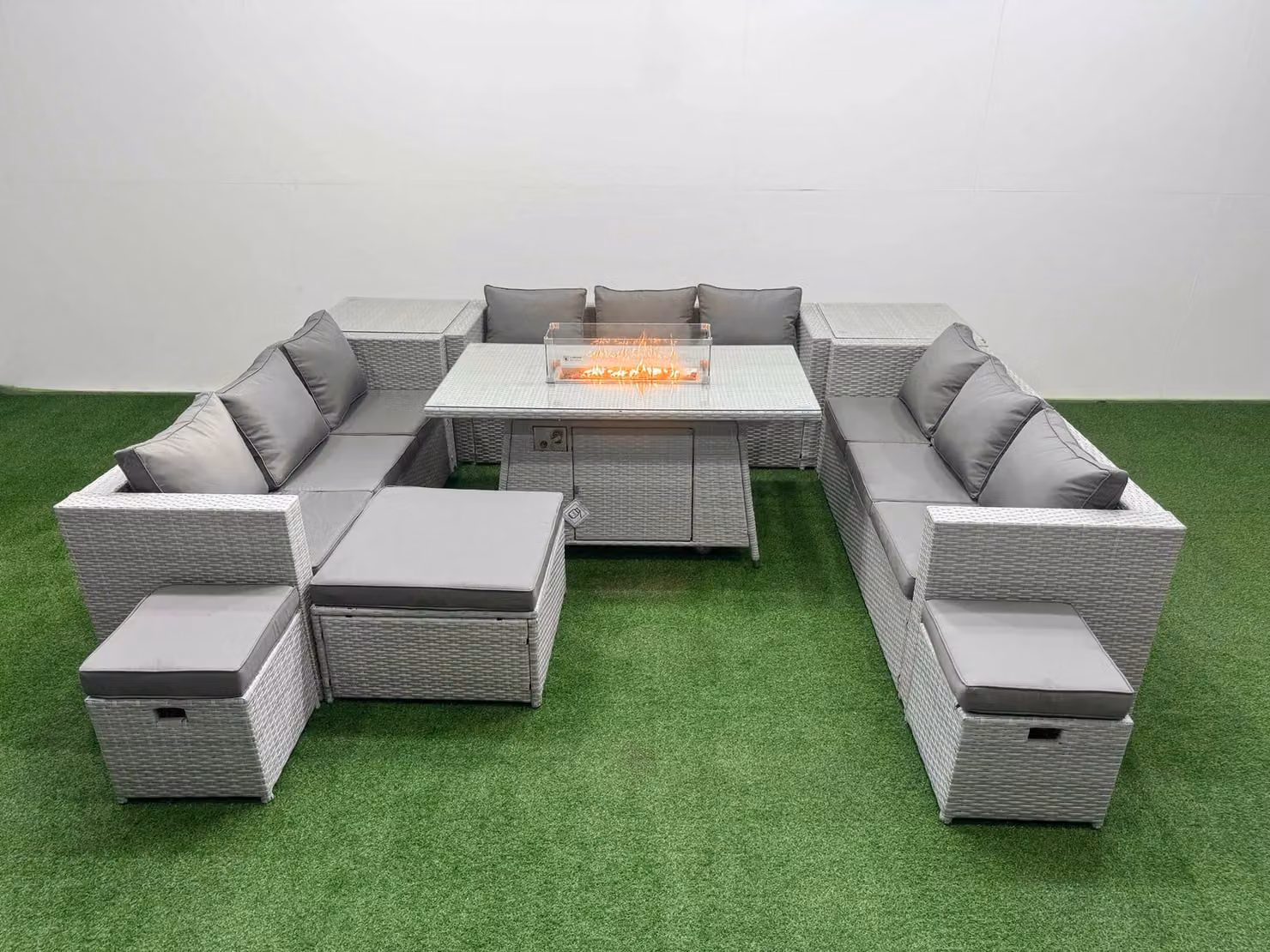 Fimous PE Rattan Garden Furniture Set in Light Grey with 3-Seater Sofa, Ottoman, and Firepit Coffee Table