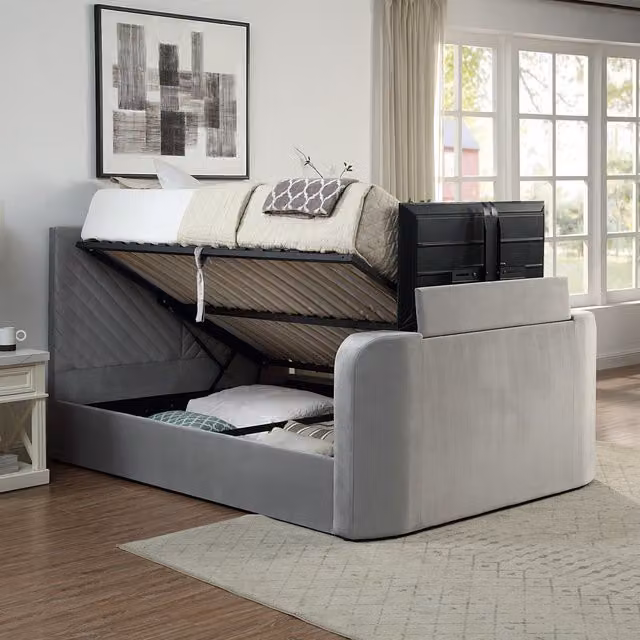 Home Treats Grey Velvet Criss Cross Ottoman TV Bed with Hybrid Mattress, W/D/H: 180 x 200 cm