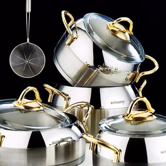 Evimsaray Venus Series 8-Piece Stainless Steel Cookware Set with Glass Lids and Gold Handles, Silver – 1