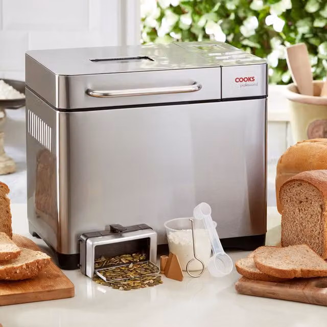 Cooks Professional Digital Bread Maker Machine with Fruit and Seed Dispenser, 19 Programmes, Delay Timer and Keep Warm Function, Silver