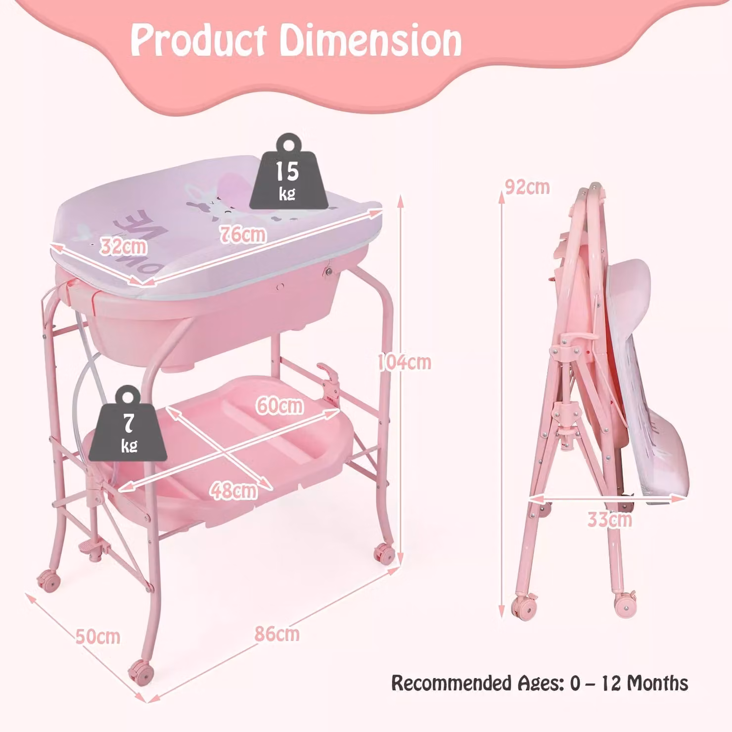 Costway Folding Baby Changing Table and Nursery Station with Bathtub in Pink – 2