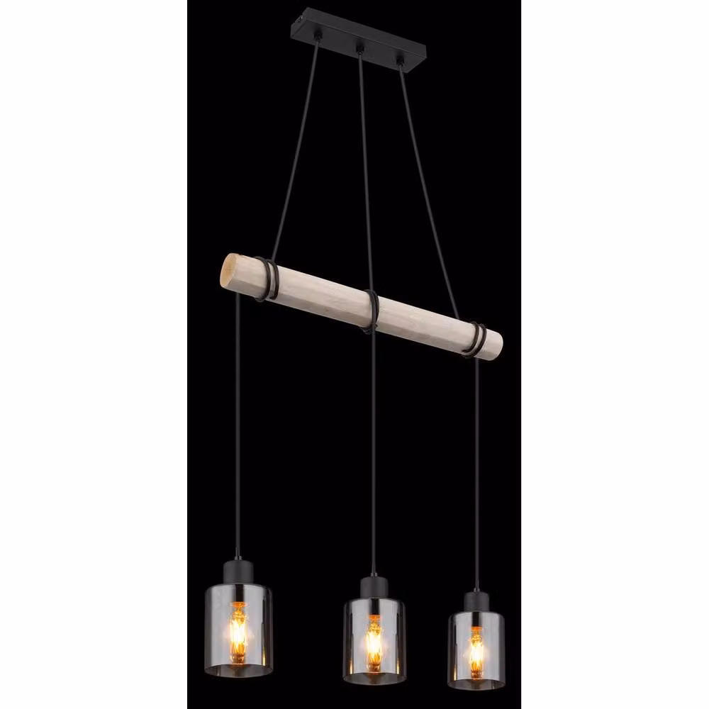GLOBO Hadera Bar Pendant Light with Black Wood and Smoke Glass Shades – 3