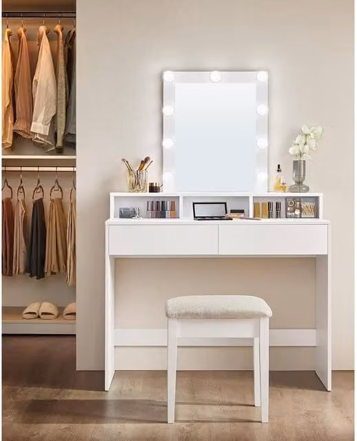 VASAGLE LED Hollywood Dressing Table with 2 Drawers and 3 Compartments in White