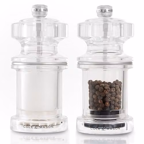 Cole & Mason Transparent Salt and Pepper Grinder Set with Adjustable Coarseness, Height: 11.8 cm