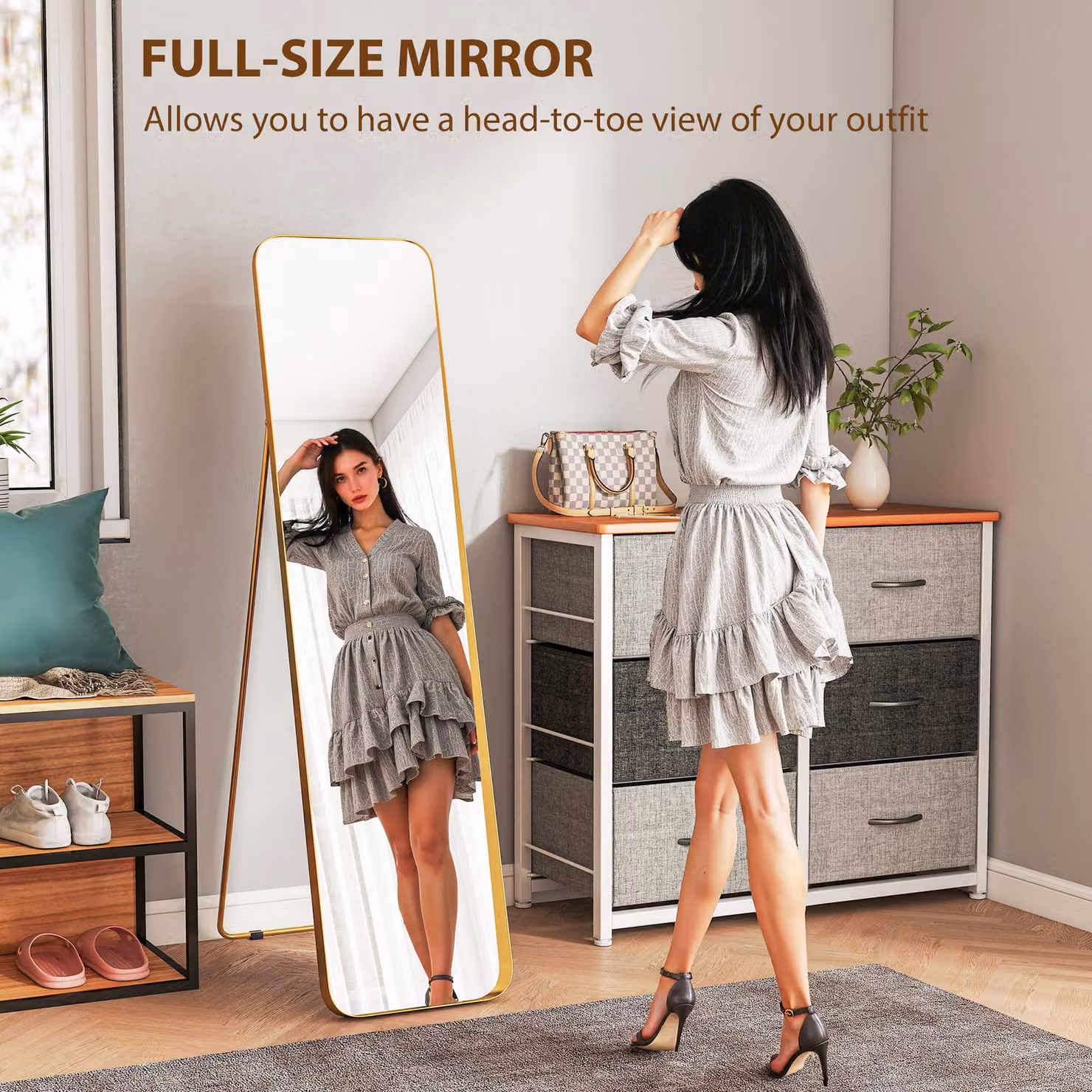 HOMCOM Modern Rectangular Full Length Freestanding Mirror in Gold, W: 40 cm, H: 160 cm – 3