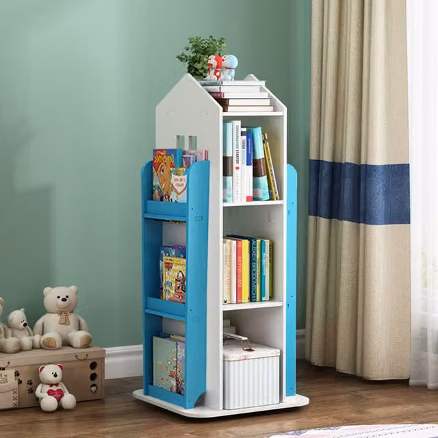 Livingandhome Blue Lacquered Wooden Swivel Bookcase for Children