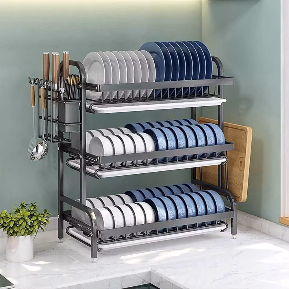 FLAVORA 3 Tier Kitchen Dish Drying Rack in Black with Glass and Metal Construction and Drip Tray – 3