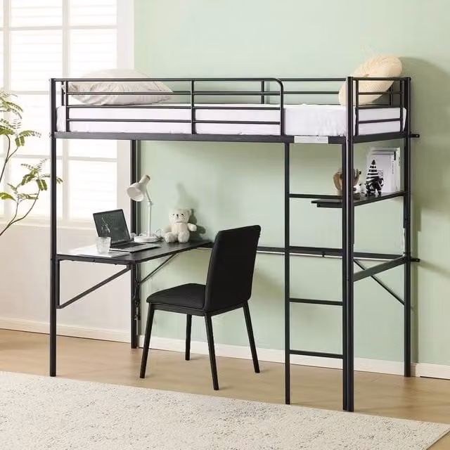 KORVIXA Metal Single Loft Bed Frame in Black with USB Charging Port and Under-Bed Lighting