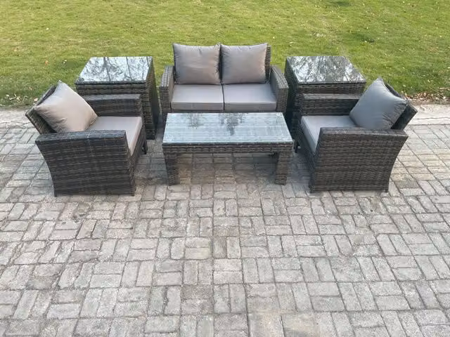 Fimous 4 Seater Outdoor Rattan Garden Furniture Set with Coffee Table and 2 Side Tables in Dark Grey