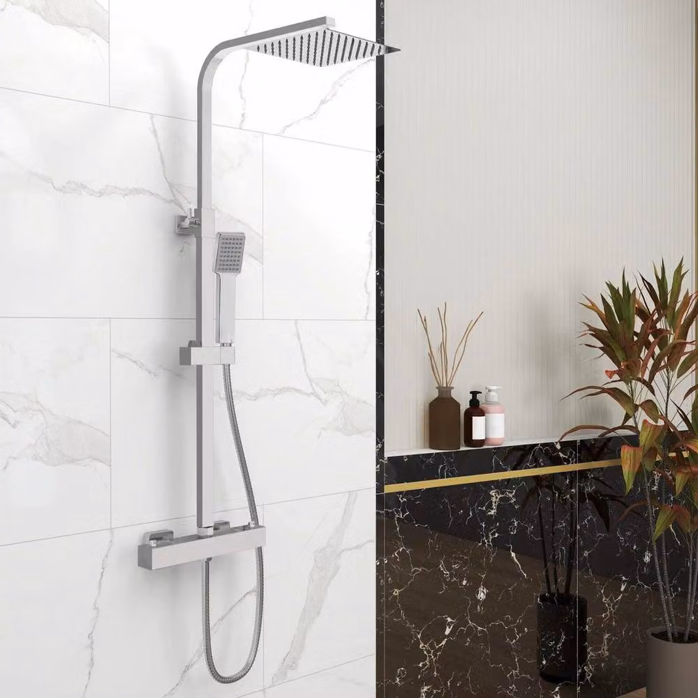 Kelvenix Square Thermostatic Mixer Shower Set in Silver and Chrome with Rigid Column – 2