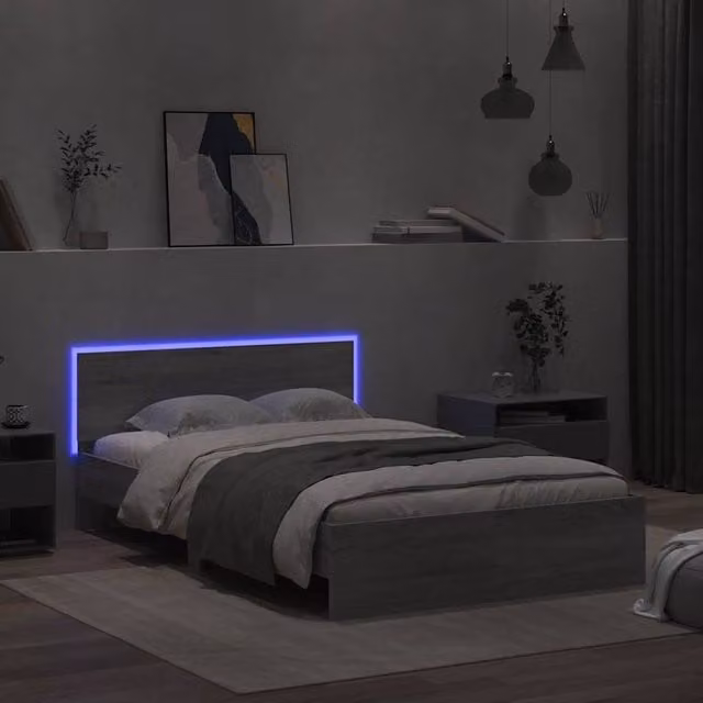 Berkfield Home Durable Bed Frame with Headboard and LED Under-Bed Lighting in Grey Sonoma, W/D/H: 140 x 190 x 70 cm – 1