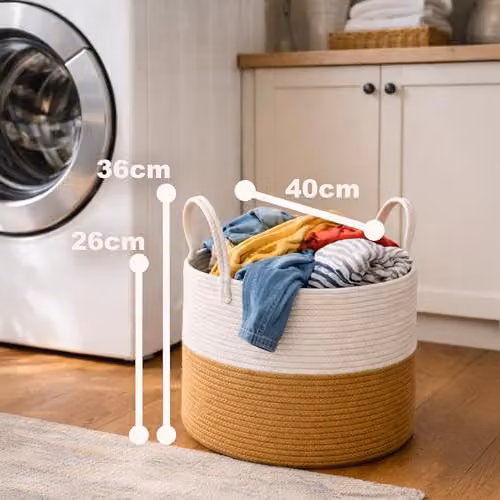 Libbi Lou Cotton Rope Storage Basket with Handles, Collapsible, Two-Tone Beige and Brown, W: 40 cm, D: 25 cm, H: 25 cm – 2